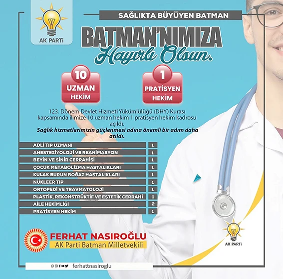BATMAN’A 11 YENİ HEKİM KADROSU TAHSİS EDİLDİ