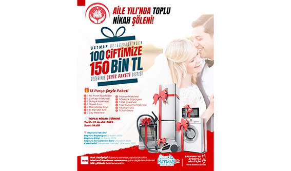 BELEDİYEDEN EVLENECEK ÇİFTLERE 150 BİN TL DEĞERİNDE DESTEK